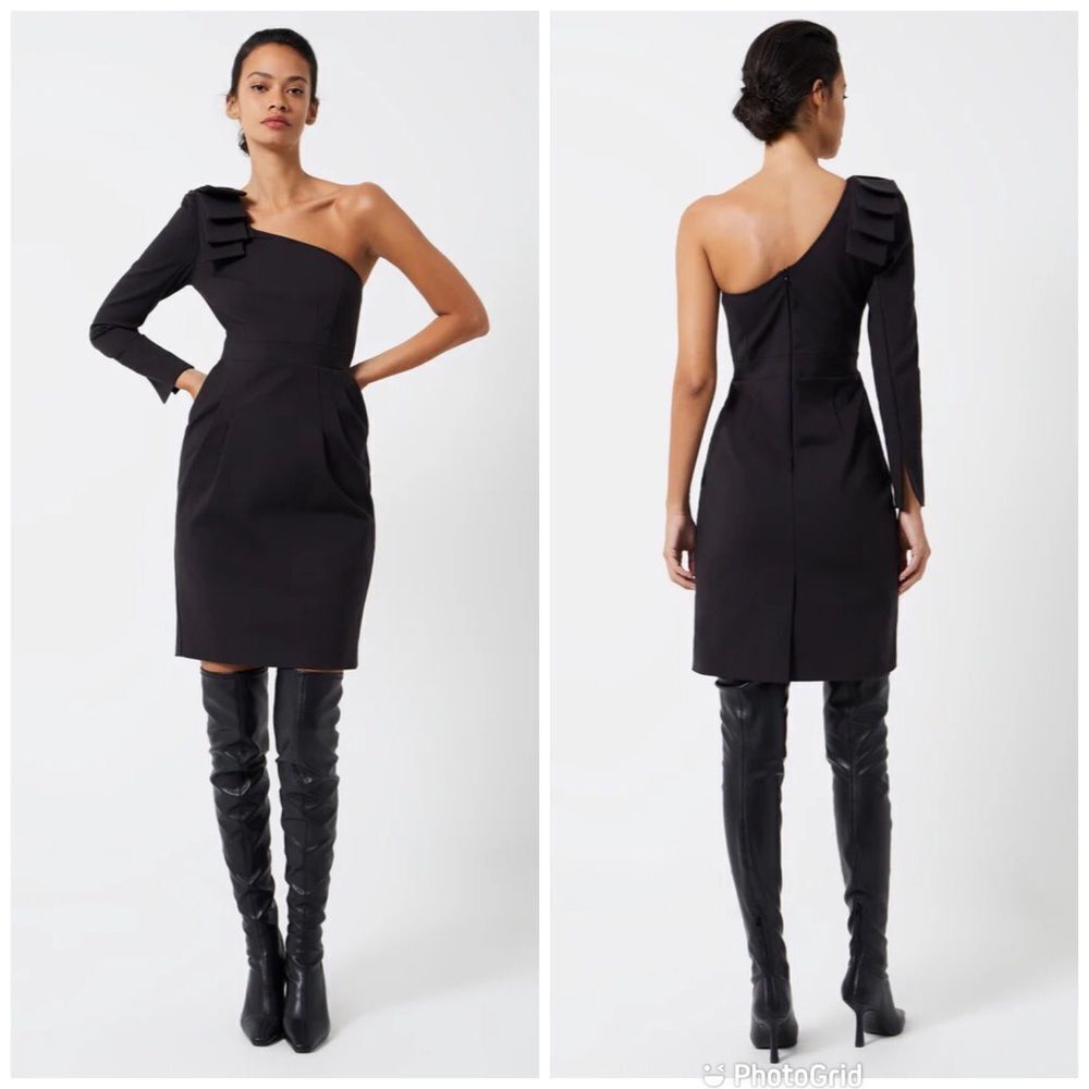 FRENCH CONNECTION One Shoulder Midi Dress Size‎ 4 Black Long Sleeve Cocktail New